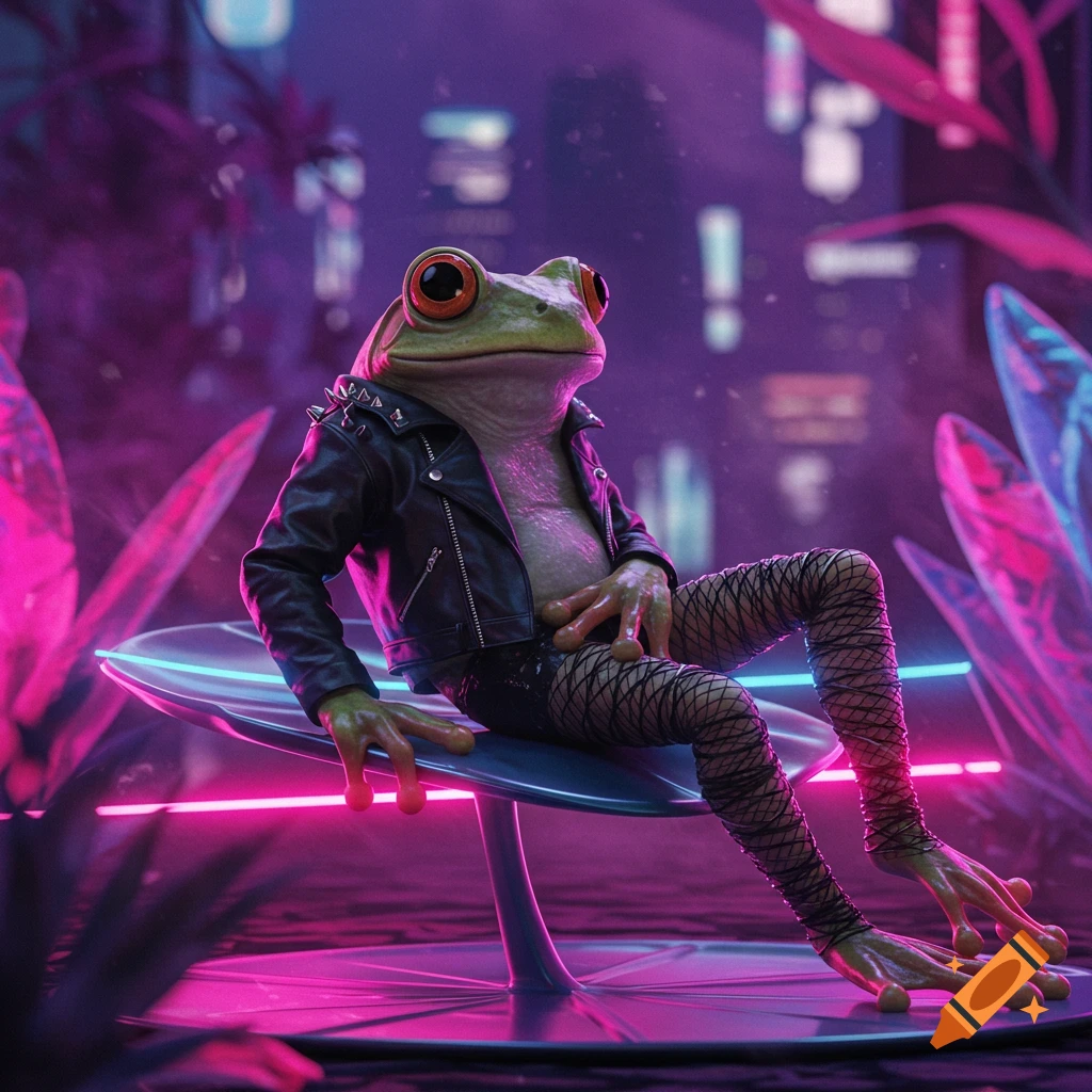 A frog in a black leather jacket and fishnet stockings sits on a futuristic chair in a neon-lit cyberpunk environment.