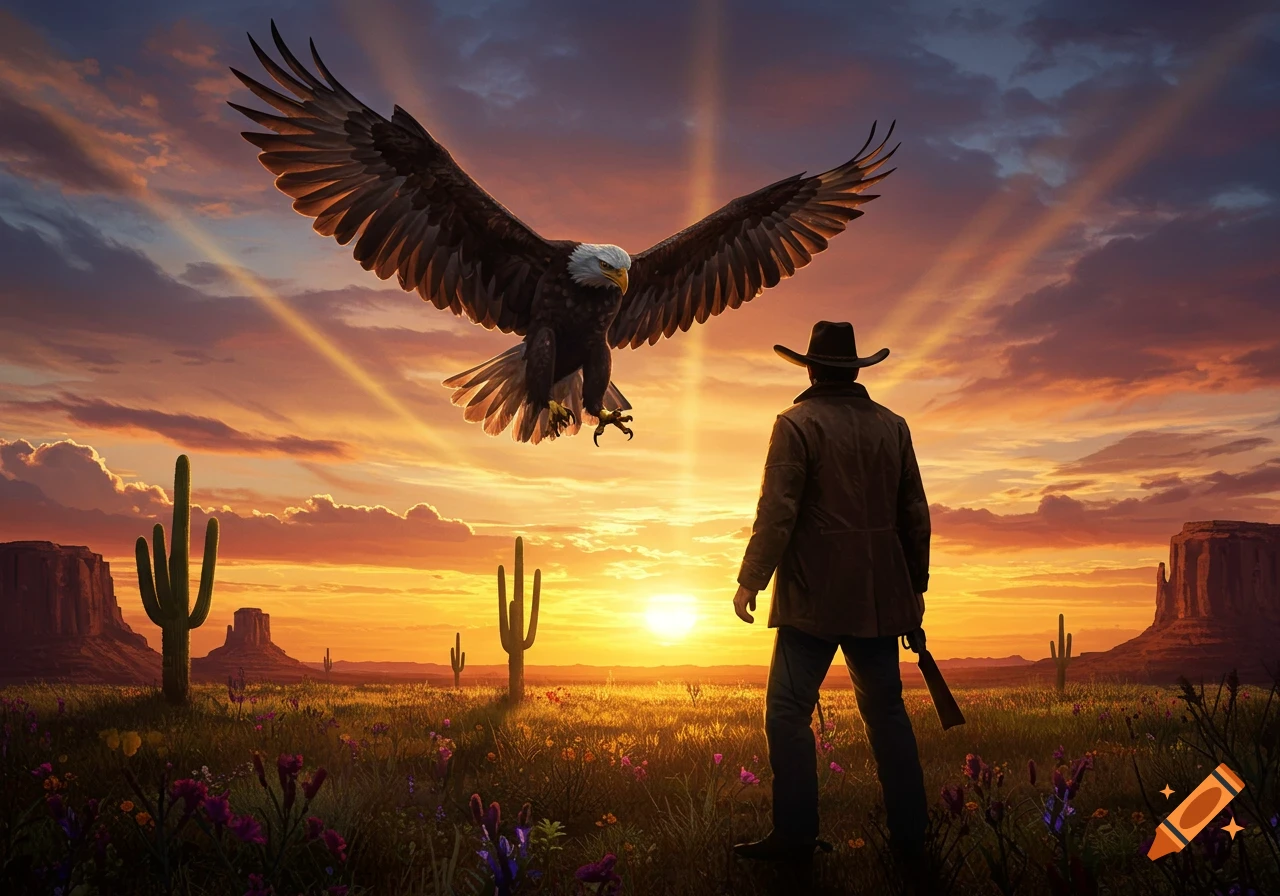 A cowboy stands in a desert field at sunset, looking up at a large bald eagle flying towards him.