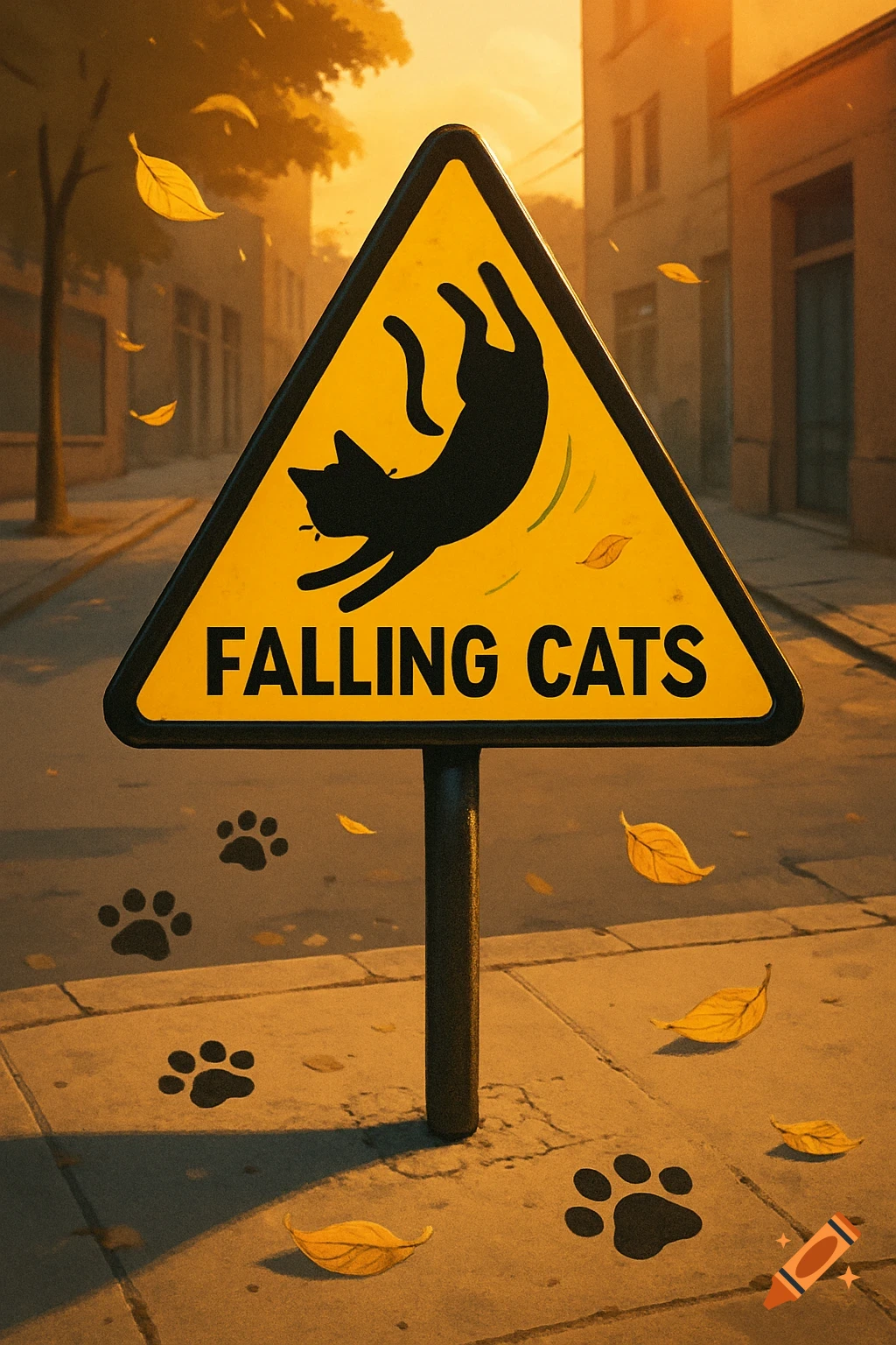 A yellow triangular warning sign shows a black silhouetted cat falling, with the text 'FALLING CATS'. Autumn leaves and paw prints are on the sidewalk.