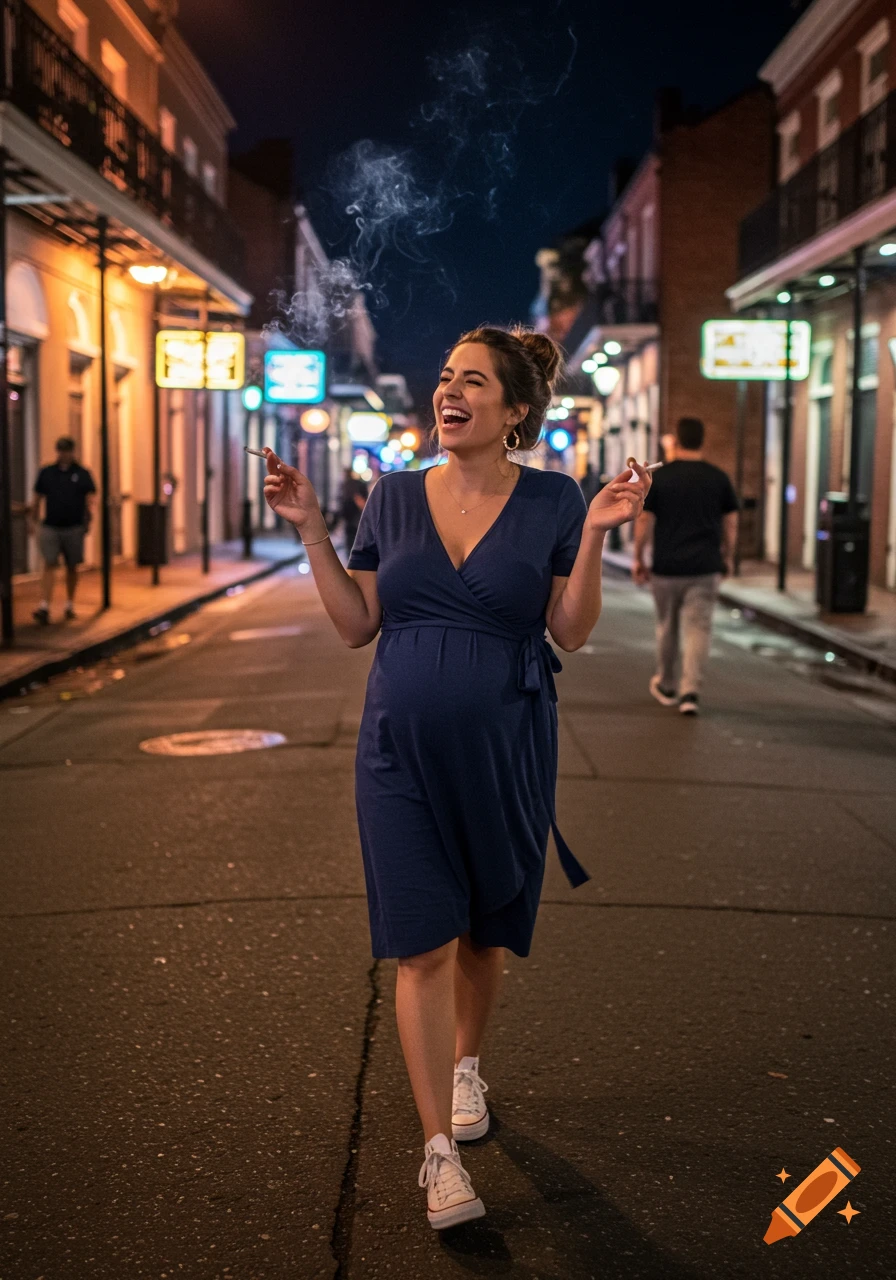 A pregnant woman in a navy wrap dress and white sneakers laughs on a bustling Bourbon Street at night, smoking a cigarette.