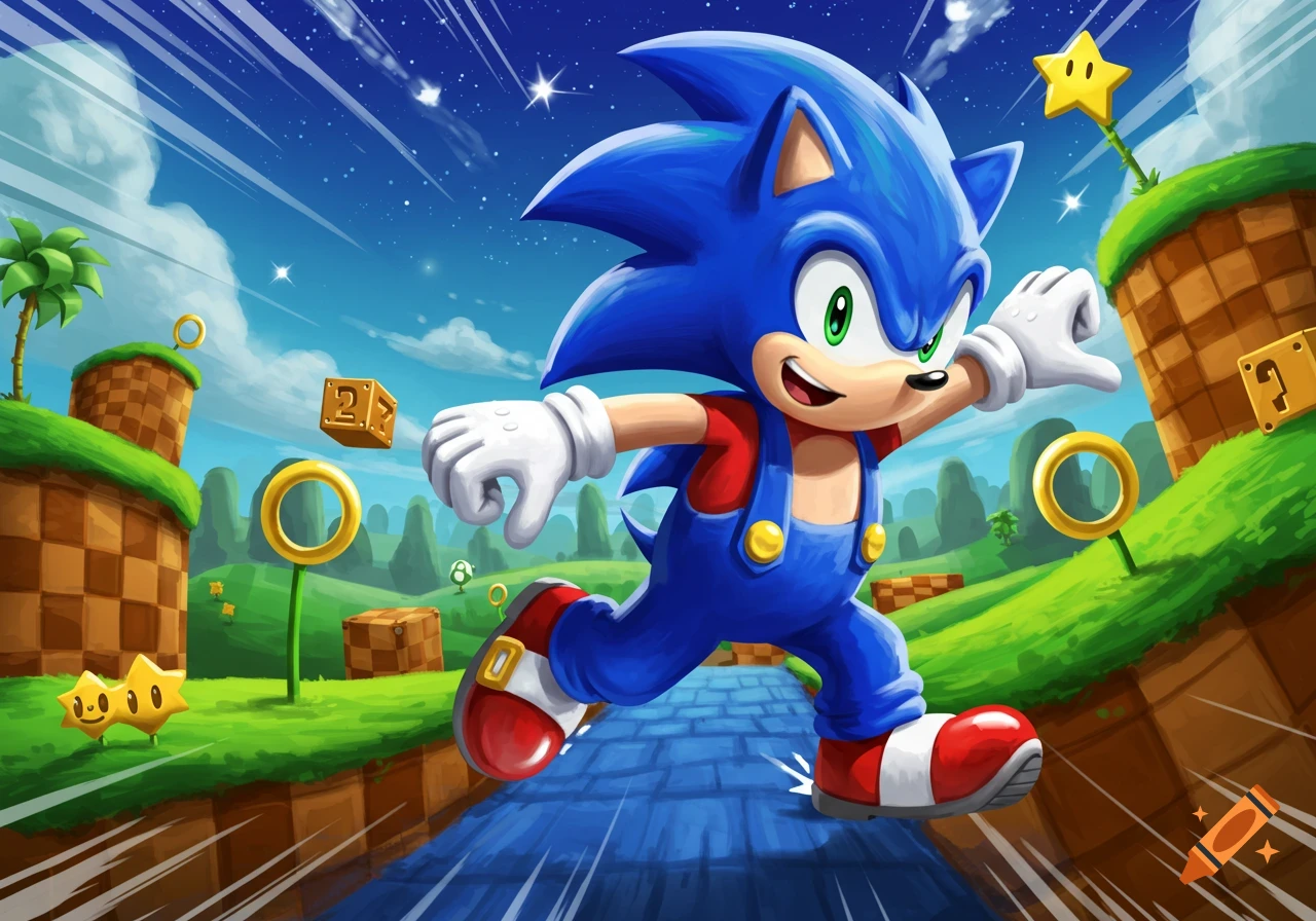 Sonic the Hedgehog, wearing Mario's overalls, runs through a vibrant, cartoonish, fusion landscape with rings, stars, and checkered hills.