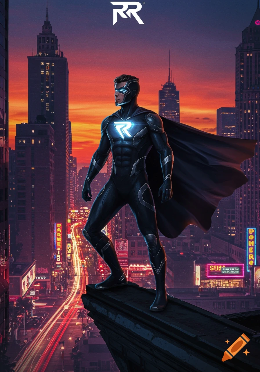 A superhero with a glowing chest emblem stands atop a building overlooking a futuristic city at sunset, with neon signs and streaking car lights.