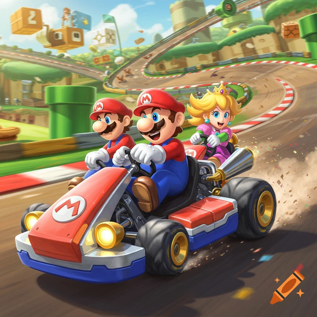 Mario and a second Mario racing karts, with Princess Peach close behind, on a vibrant Mario Kart track.
