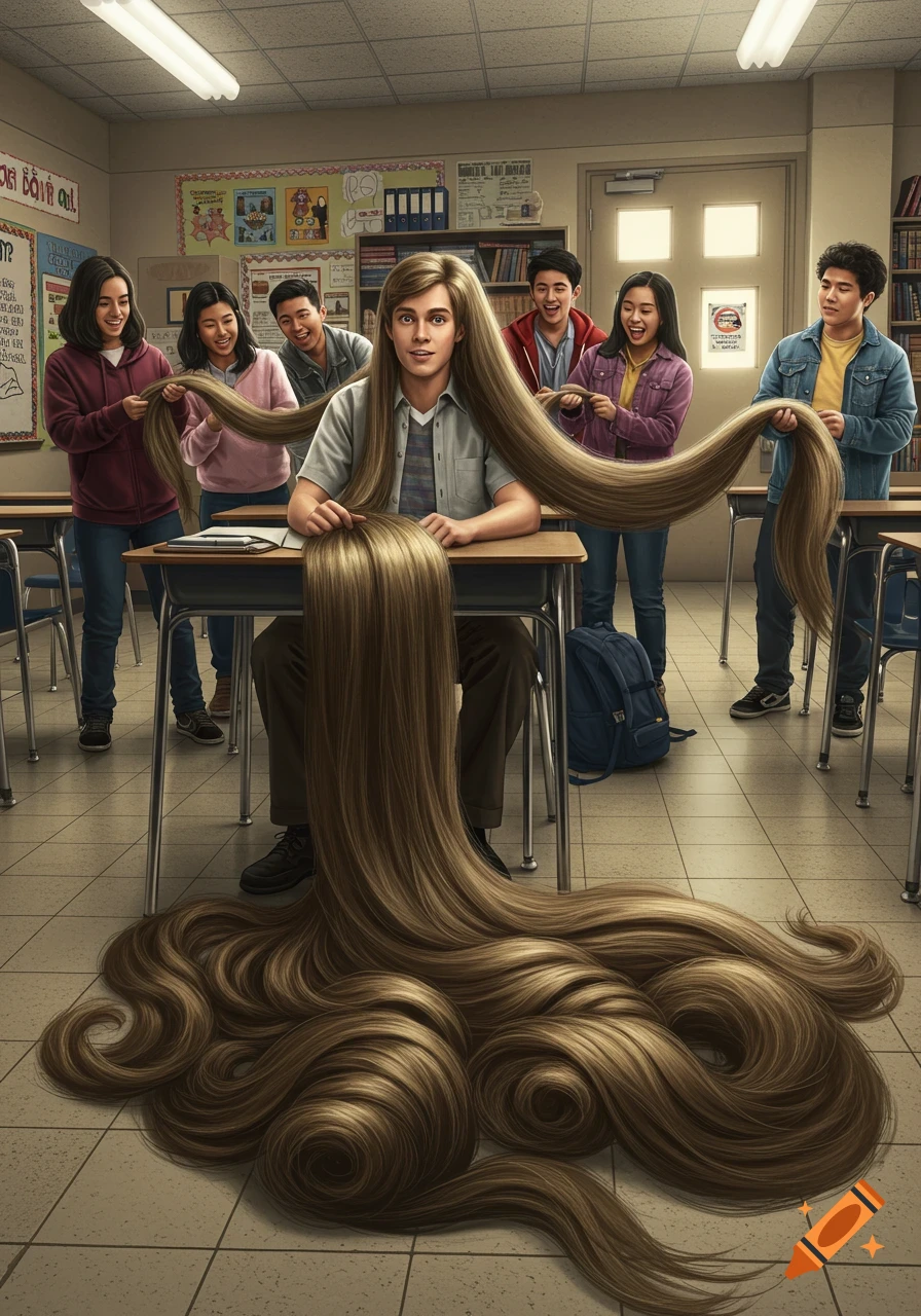 A male student with extremely long hair sits at a desk in a classroom, while other students braid and hold strands of his hair.