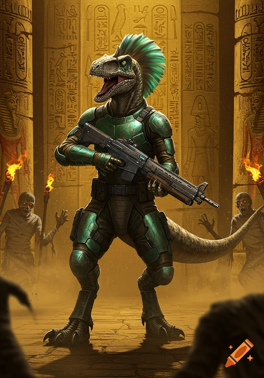 A scaly Deinonychus soldier with a mohawk and green armor holds a rifle while fighting mummies in an ancient Egyptian tomb.
