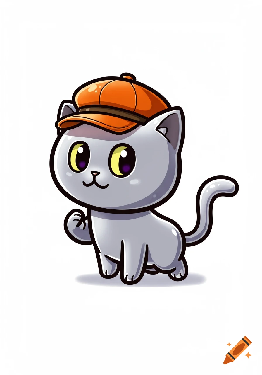 A cute cartoon silver cat with yellow eyes wearing an orange newsboy cap on a white background.