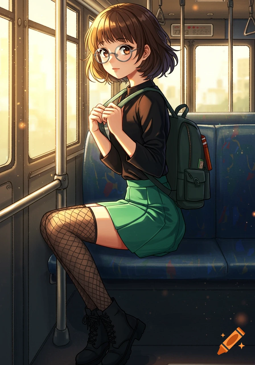 Anime girl with brown fluffy hair, glasses, black shirt, green skirt, fishnets, and black boots sitting on a bus with a dark green backpack.