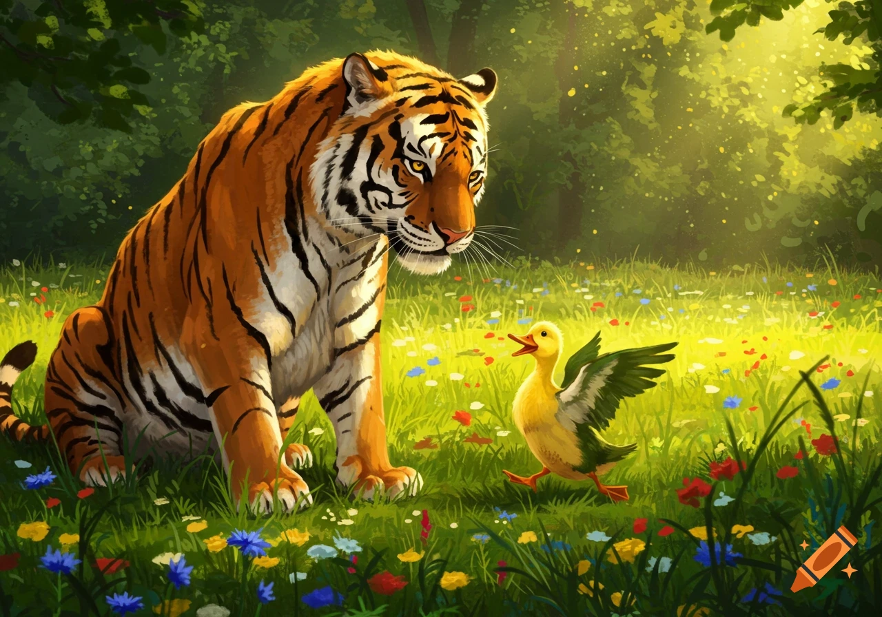 A large tiger sits in a sunlit meadow with wildflowers, looking at a small yellow duck with green wings. Fantasy art style.