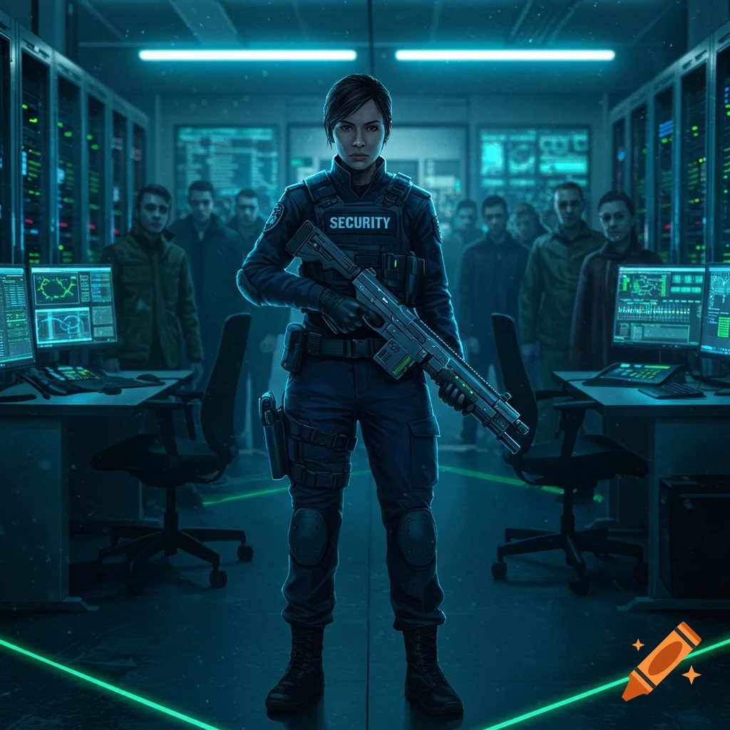 A female security officer in a tactical vest holds a rifle in a neon-lit computer server room, with blurred figures in the background.