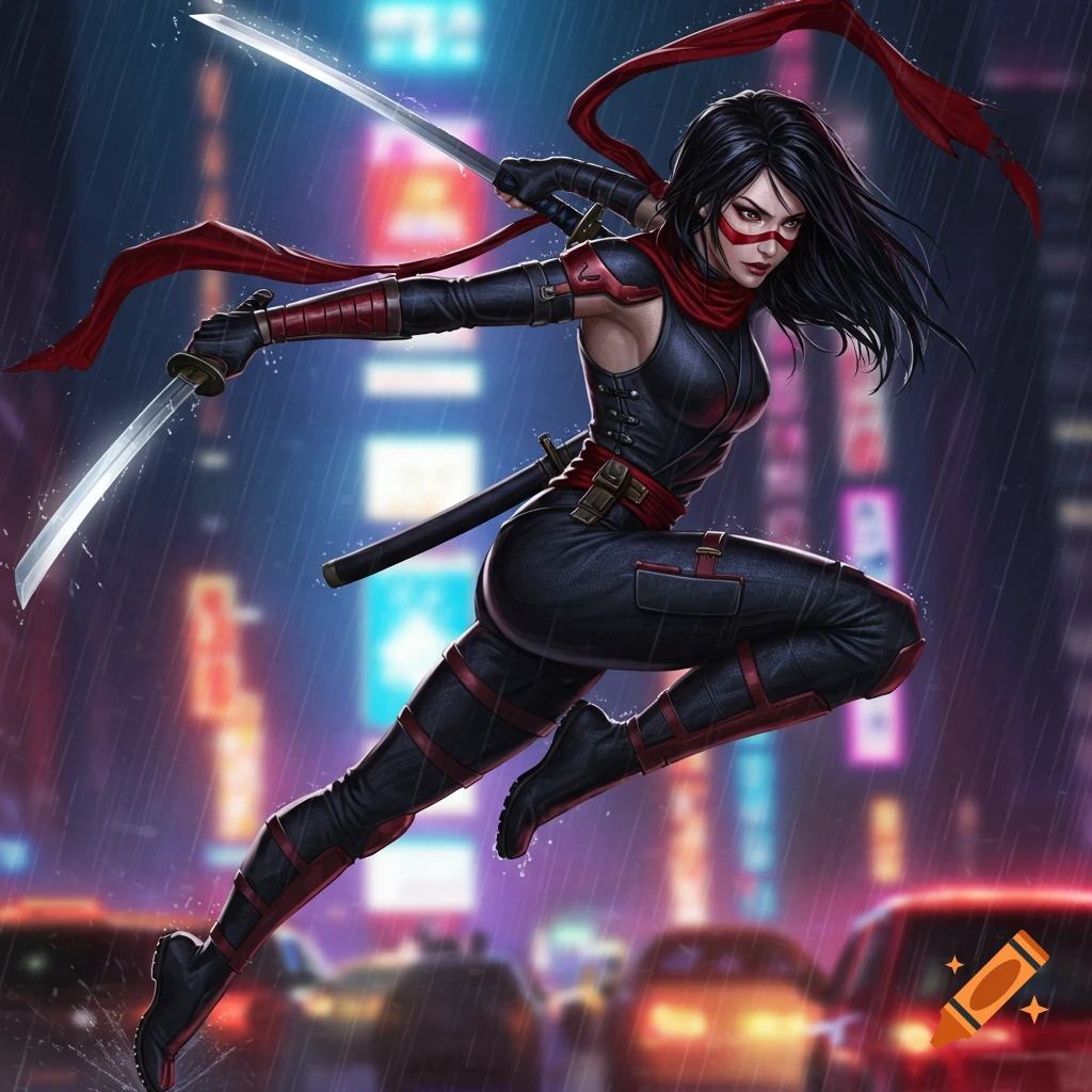 A female ninja in a black and red suit leaps through a rainy city street at night, holding two katanas in a dynamic comic art style.
