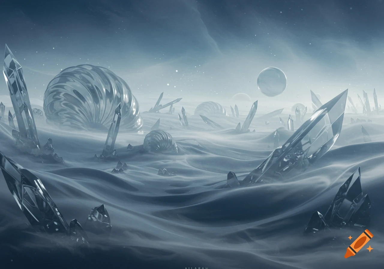 A frosty, alien landscape featuring giant clear crystals, swirling mist, and large shell-like formations.