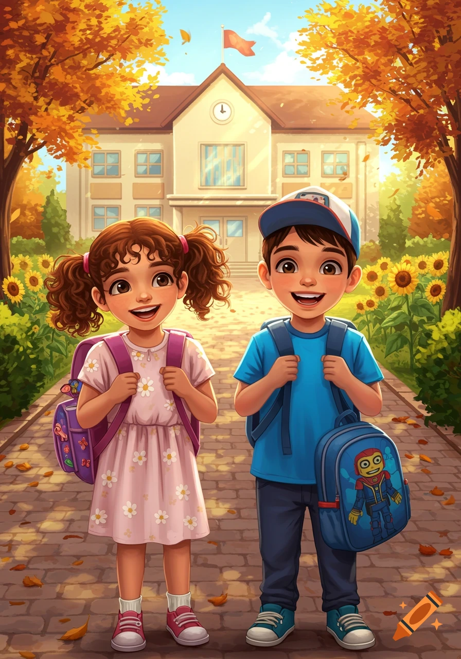 Two smiling children with backpacks in front of a school, surrounded by autumn trees and sunflowers, in a colorful cartoon style.