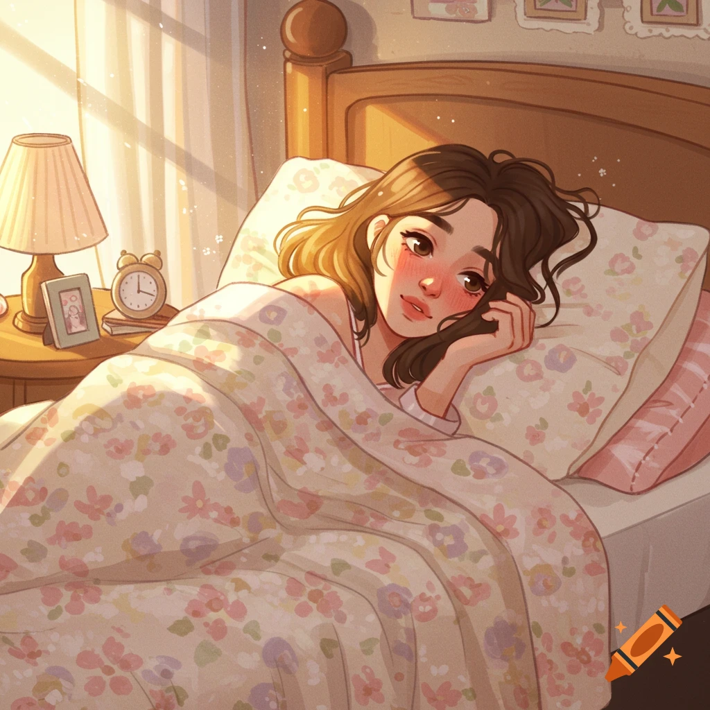 A cute, stylized illustration of a young woman with dark hair waking up in bed, looking at the viewer, bathed in warm morning light.