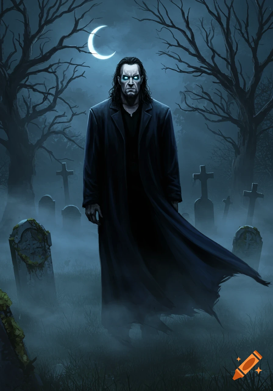 A dark, long-haired man with glowing eyes in a long coat stands in a foggy graveyard under a crescent moon, digital art.