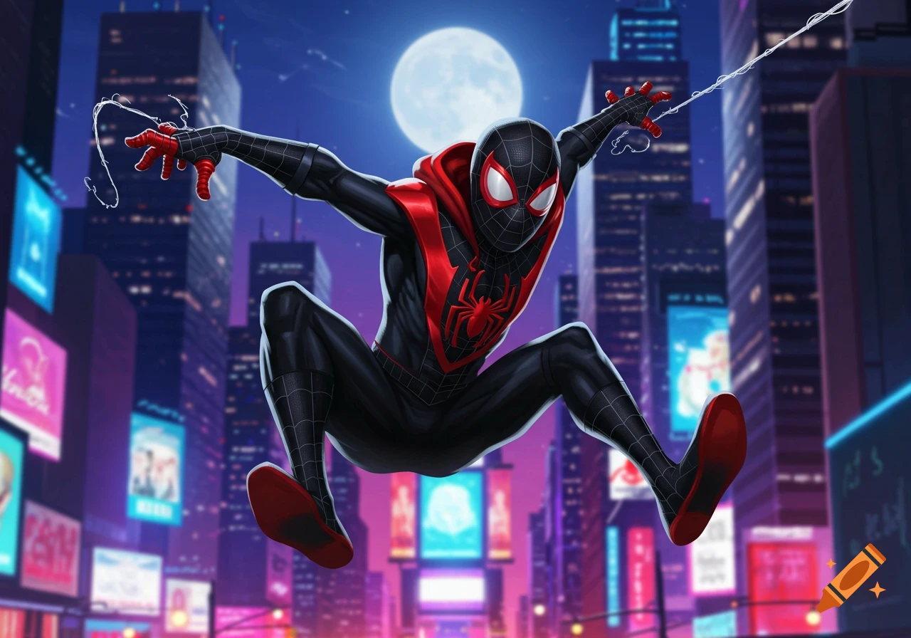 Miles Morales, in a black and red Spider-Man suit, swings through a neon-lit city at night under a full moon.