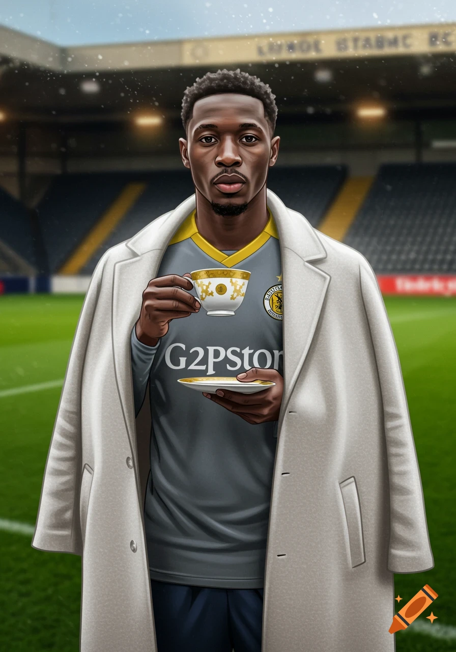 An illustration of a Black soccer player in a white coat and gray jersey holding a teacup on a soccer field.