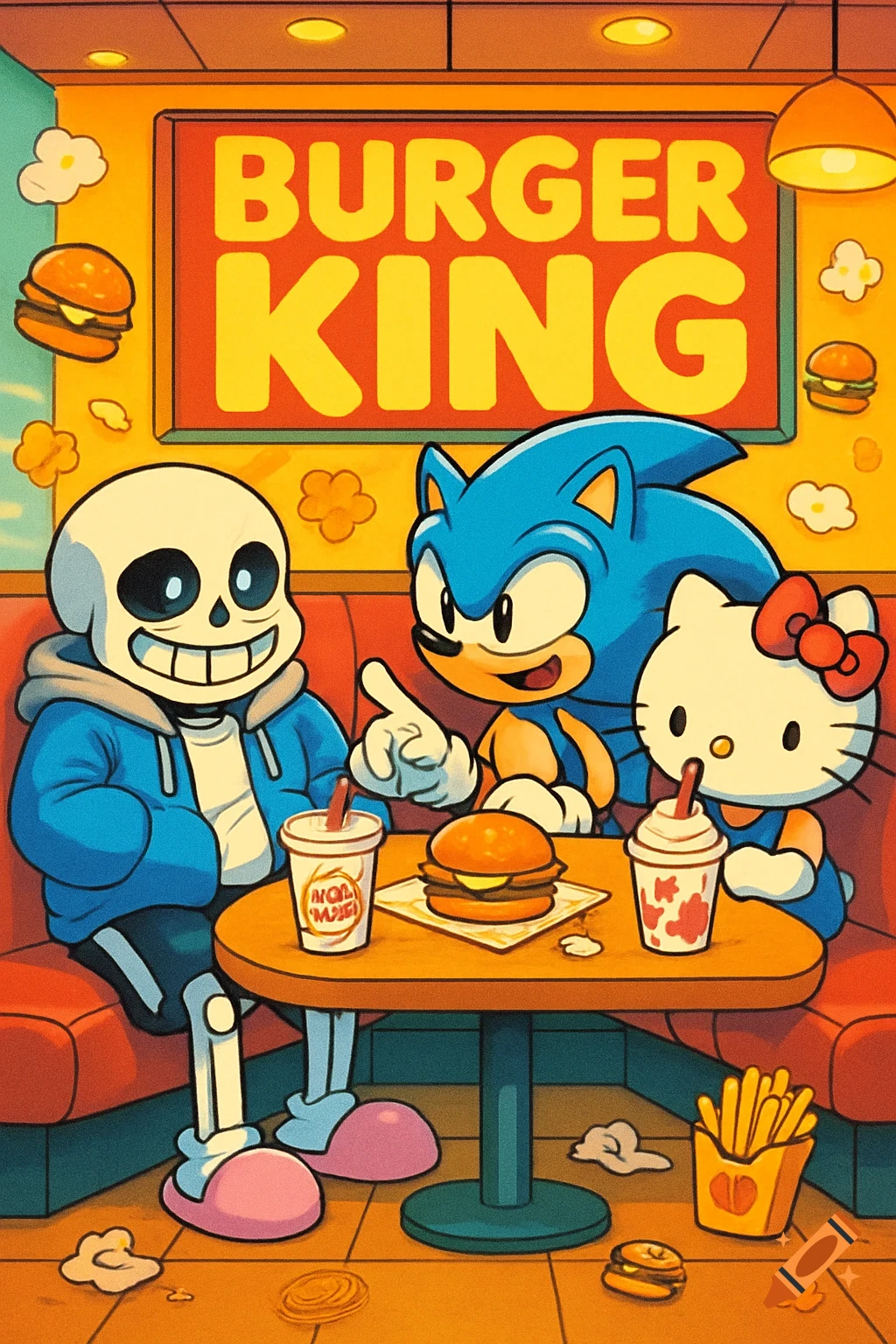 Cartoon characters Sans from Undertale, Sonic the Hedgehog, and Hello Kitty sit at a table in a Burger King restaurant, with burgers, fries, and drinks.
