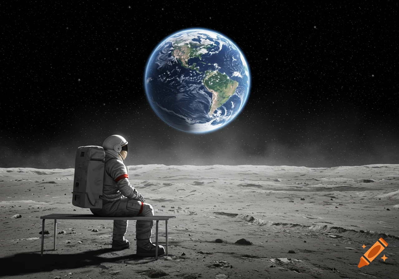 An astronaut sits on a bench on the moon, looking at Earth in the dark starry sky.