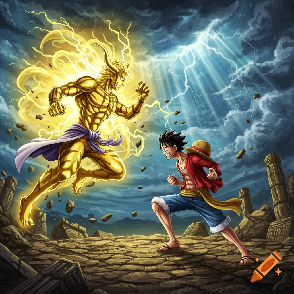 Anime illustration of Monkey D. Luffy confronting a golden, glowing, horned figure amidst lightning on a ruined battlefield.