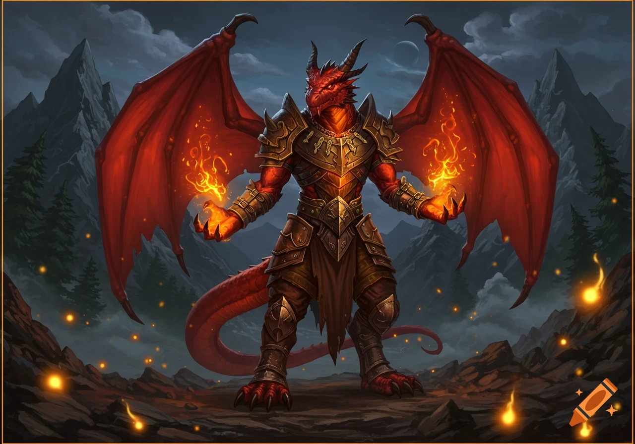 A red dragonborn sorcerer in ornate armor casts fire spells from its hands, standing in a dark, rocky mountain landscape under a crescent moon.