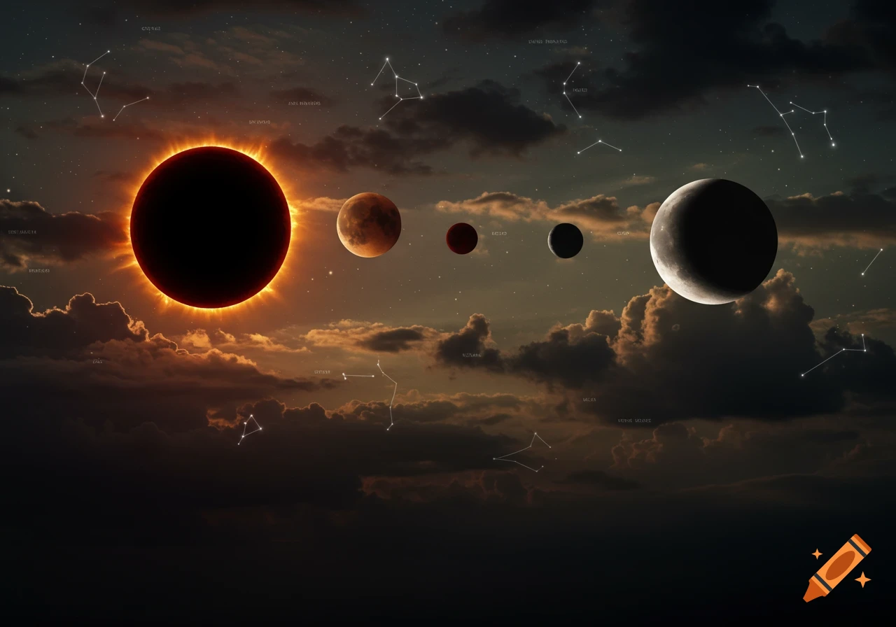 A dramatic celestial scene with a black sun eclipse glowing orange, a line of moons and planets, and constellations in a dark, cloudy sky.