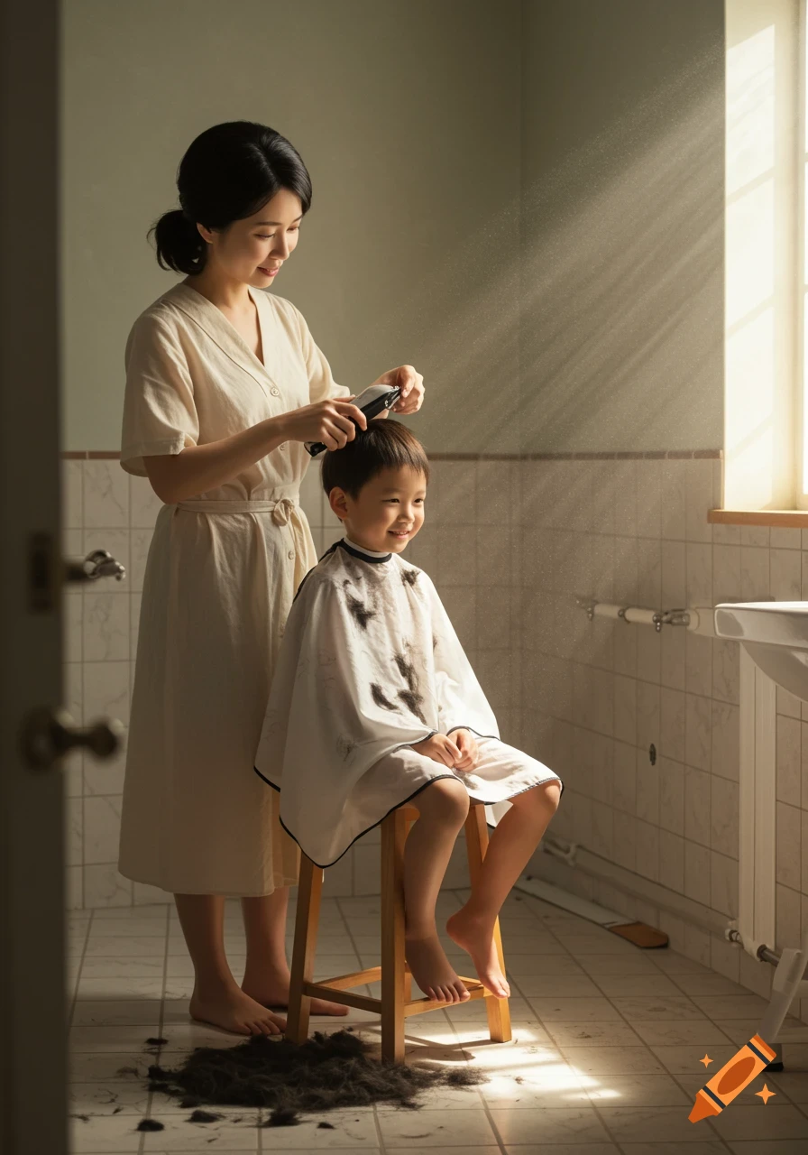A mother cuts her smiling son's hair with clippers in a sunlit bathroom. Cut hair is on the floor.