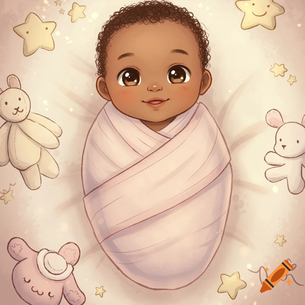 Cartoon illustration of a light brown skin swaddled baby smiling, surrounded by stars and soft plush toys.