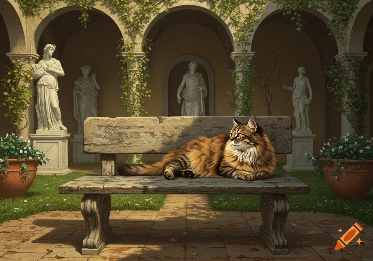Renaissance painting of a fluffy tabby cat on a stone bench in a classical garden with statues and ivy-covered arches.