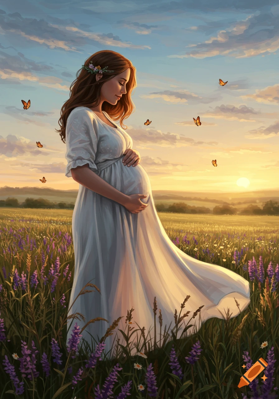 A pregnant woman in a white dress stands in a field of purple flowers at sunset, gently holding her belly. Butterflies flutter.
