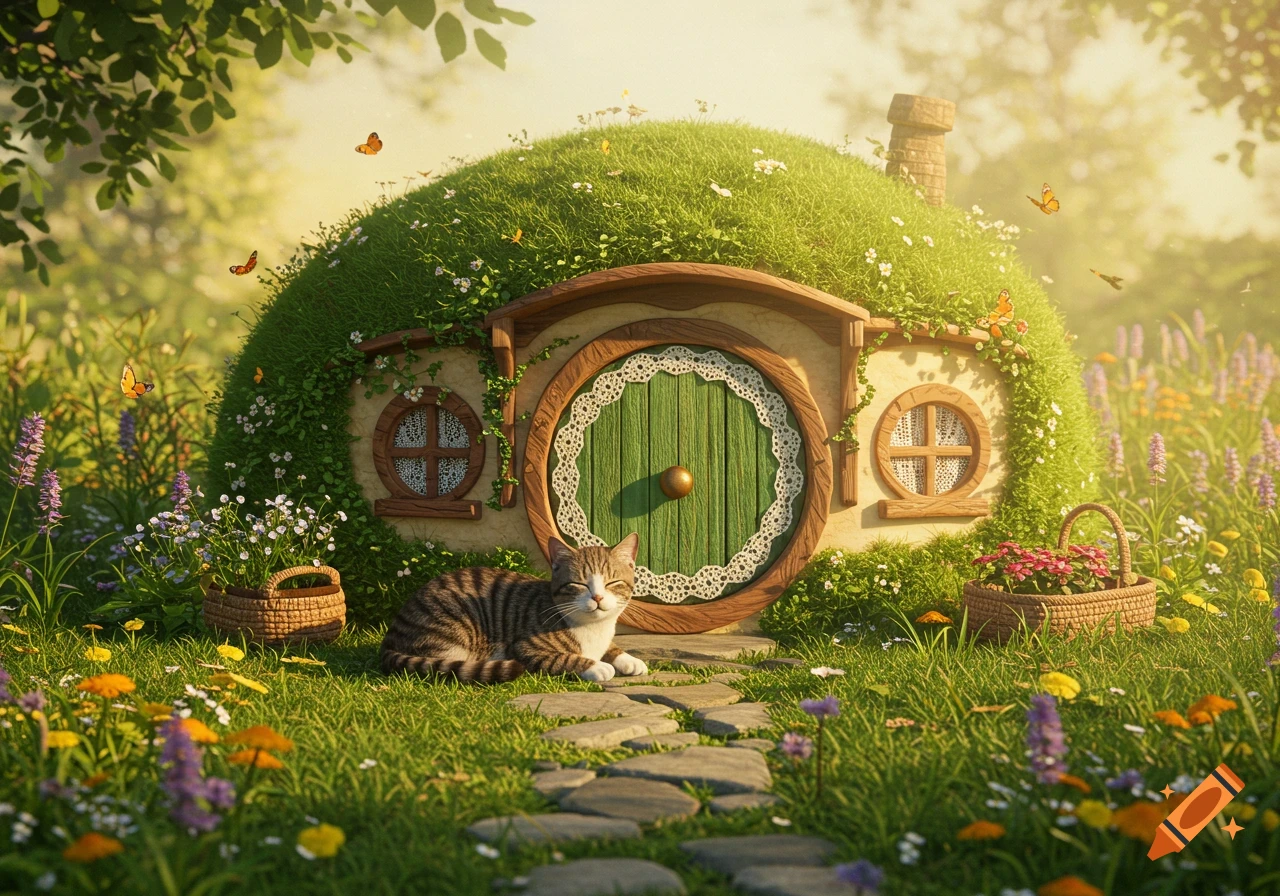 A tabby cat rests on a stone path in a sunny, flower-filled garden, in front of a whimsical grass-covered hobbit house with a green, lace-trimmed door.