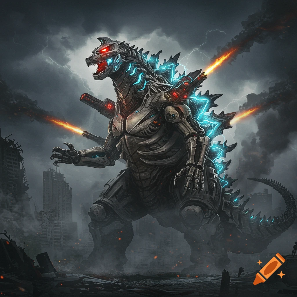 Menacing MechaGodzilla, part skeletal, part mechanical, with glowing guns and lightning on its back, stands in a ruined city under a stormy sky.