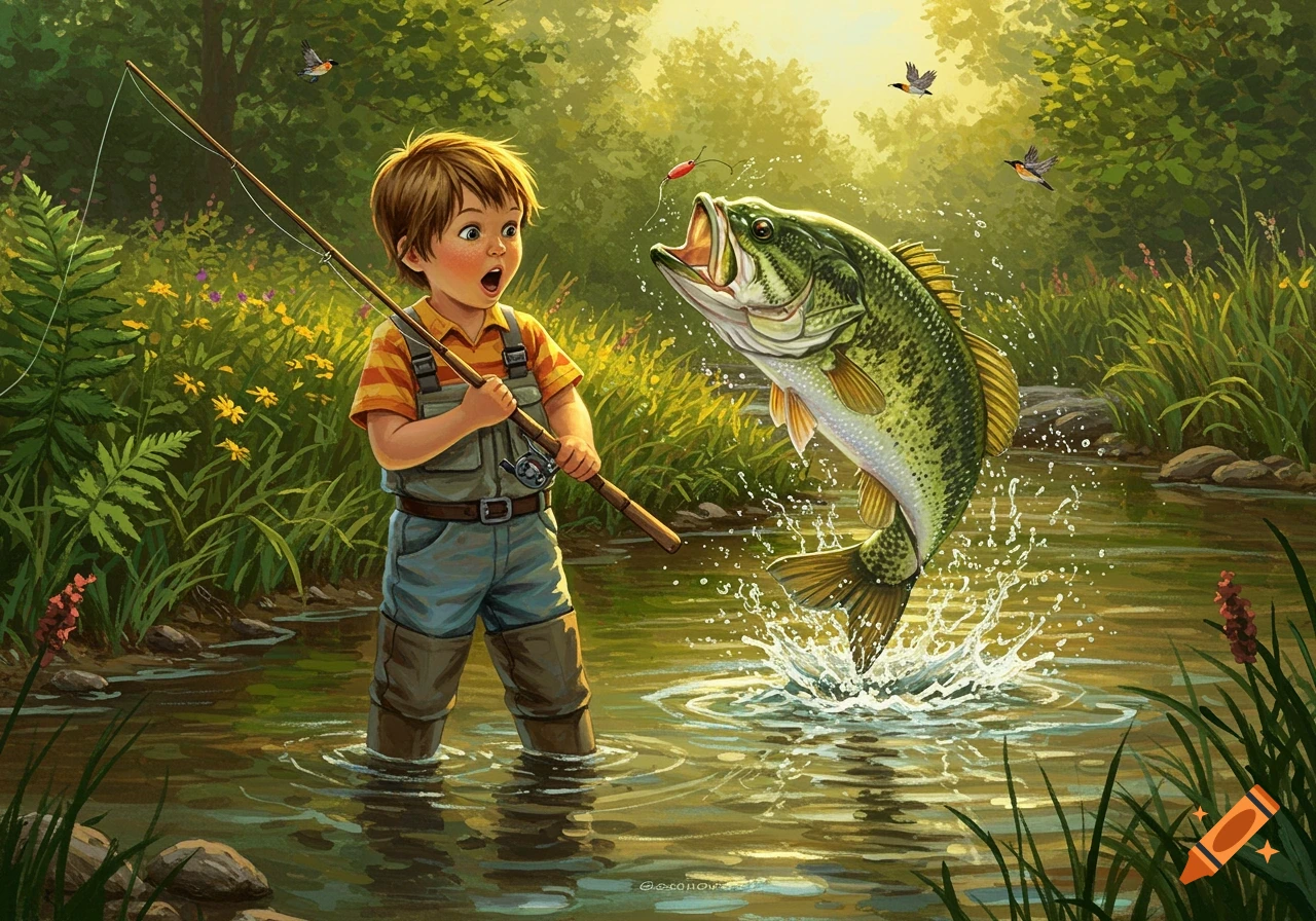 An illustration of a young boy fishing in a sunlit creek, looking surprised as a large bass jumps from the water.