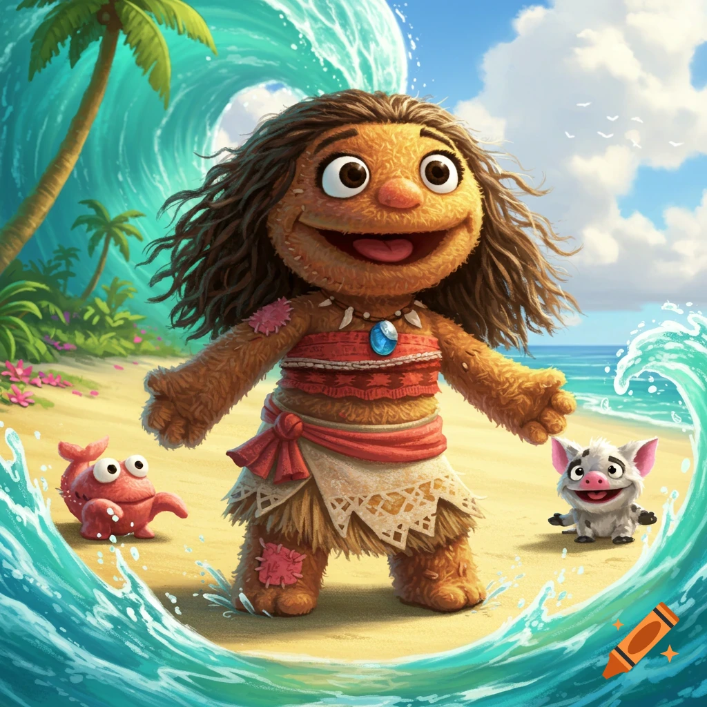 A fluffy brown Muppet version of Moana stands on a sunny tropical beach with Pua and Heihei, a big wave behind her.