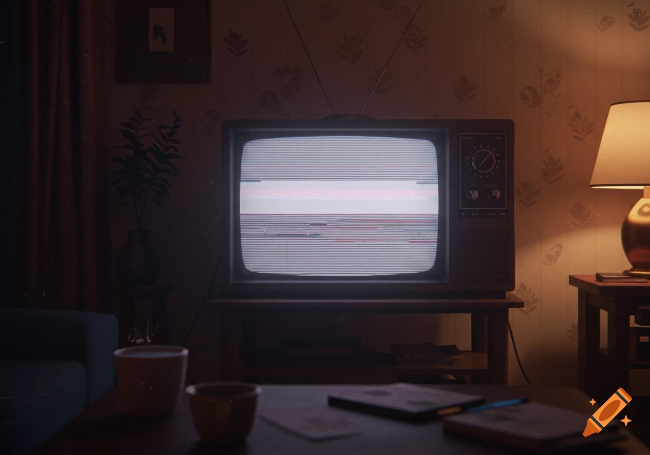 A vintage television set displays static in a dimly lit, retro-styled living room with old wallpaper and a table lamp, reflecting a VHS aesthetic.
