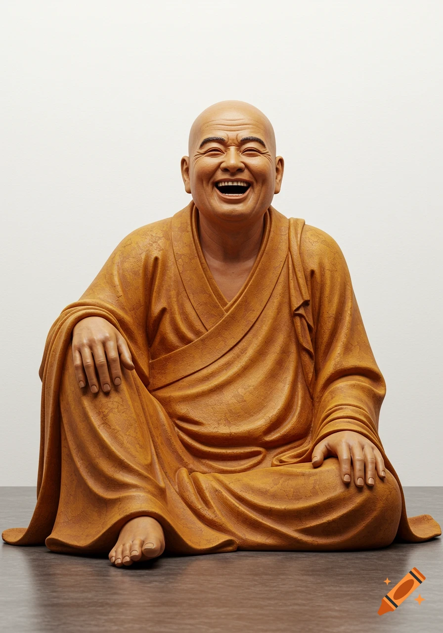Photorealistic image of a laughing Maitreya Buddha statue in orange robes, sitting on the ground.