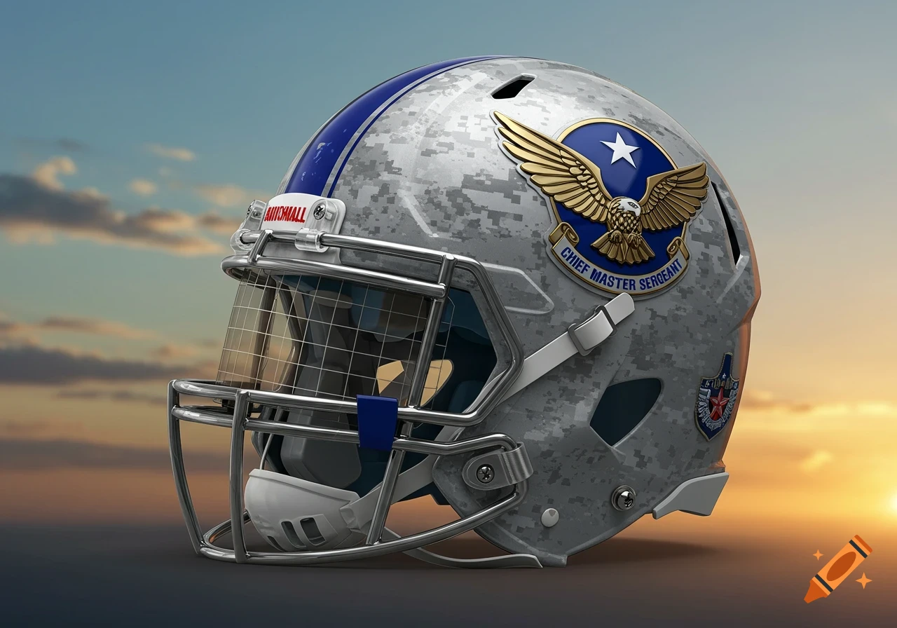 Photorealistic American football helmet with a US Air Force Chief Master Sergeant emblem and digital camouflage pattern.