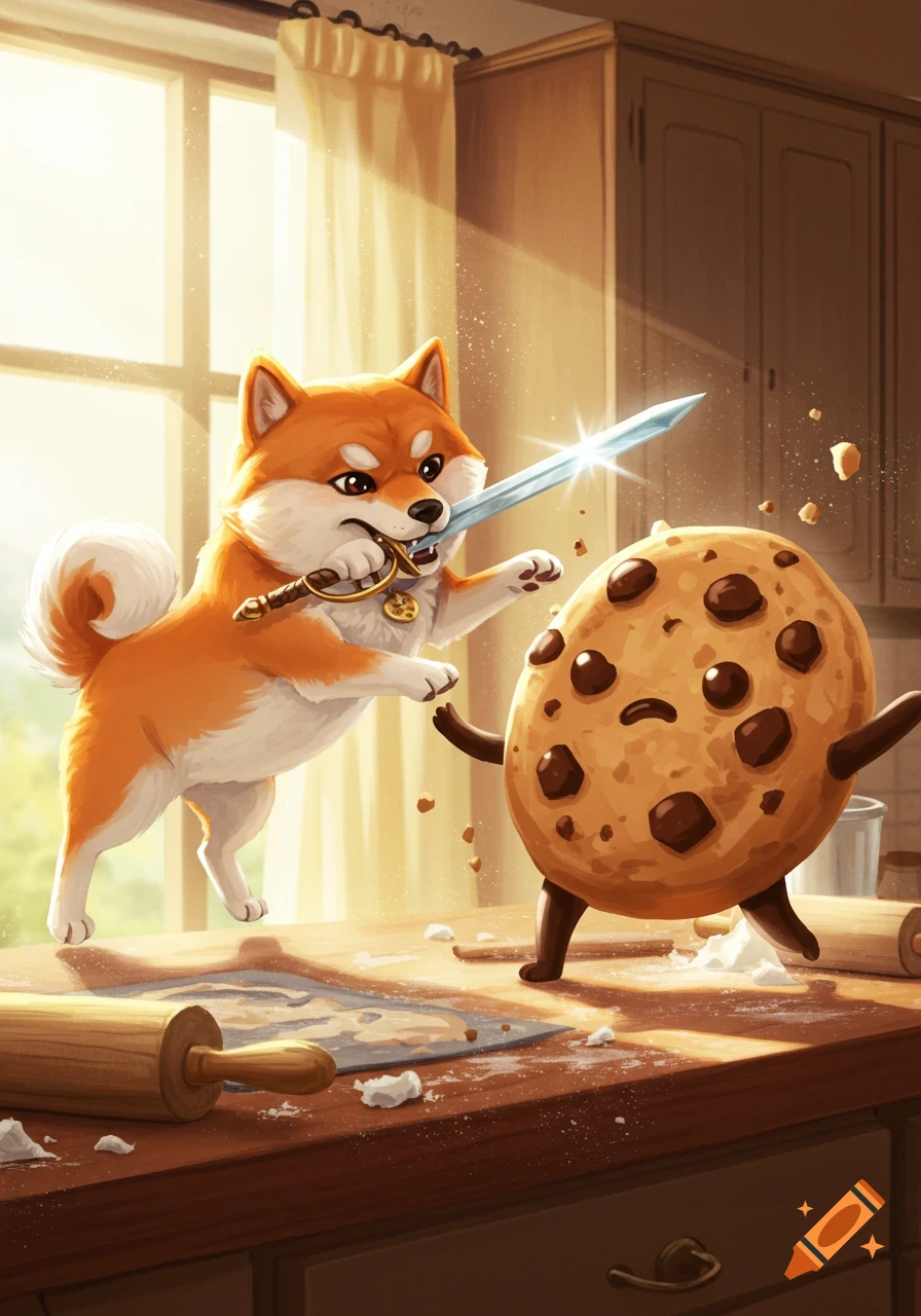 A cartoon Shiba Inu with a sword in its mouth fights a worried-looking cookie on a kitchen counter in a sunlit room.