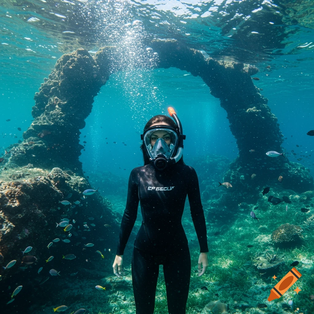 A woman in a black wetsuit and full-face snorkel mask stands underwater in front of a coral arch with fish swimming around.