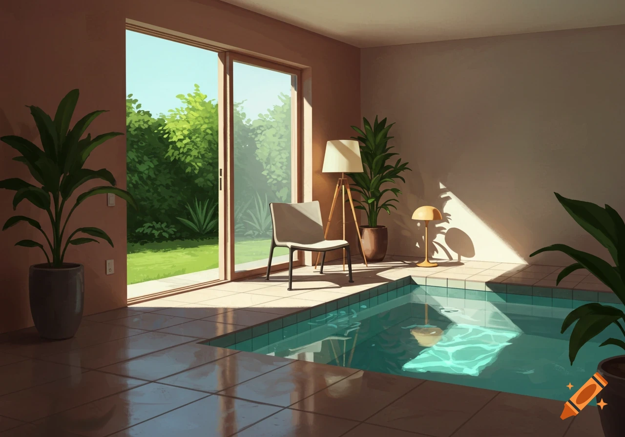 A bright, digitally illustrated indoor pool room with a chair, lamp, plants, and a sliding door opening to a lush green garden.