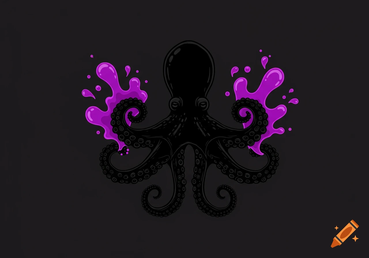 A stylized black octopus with purple goo splashing around its tentacles on a dark gray background.