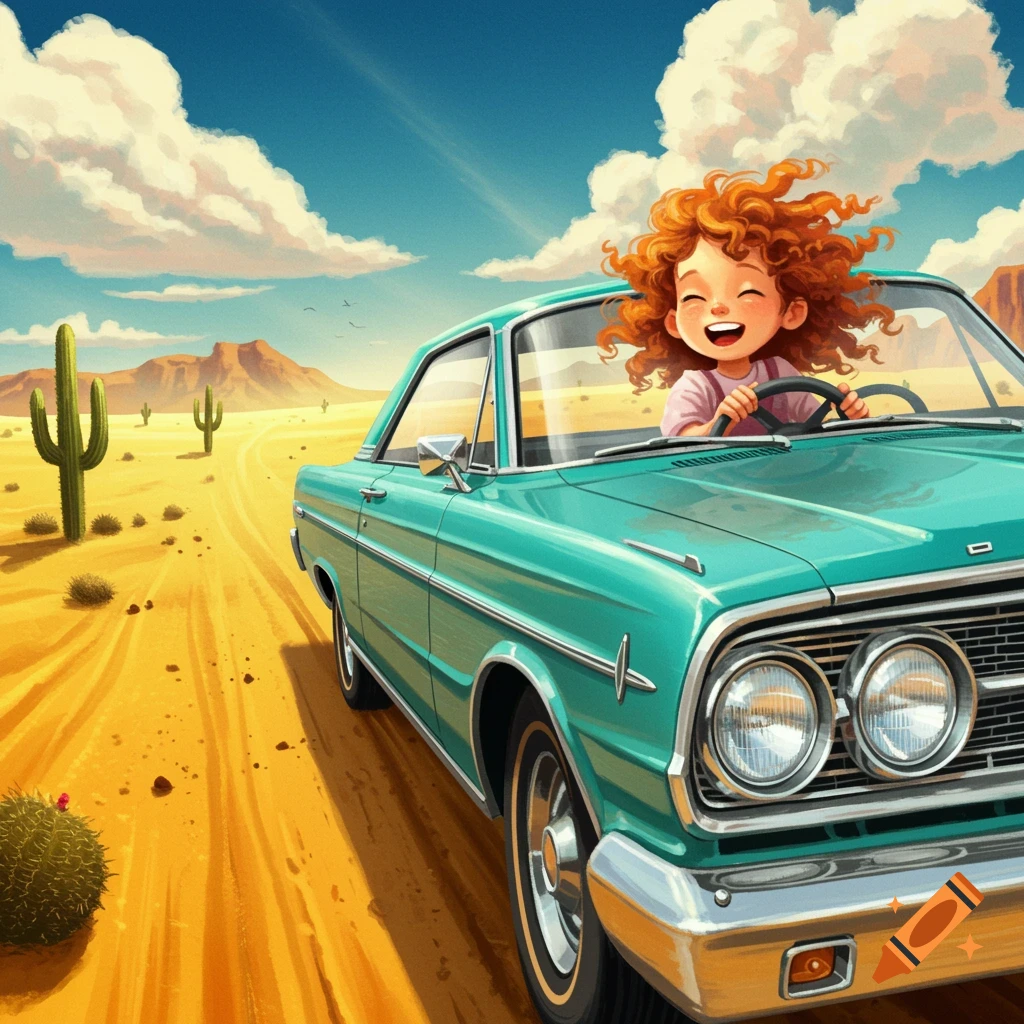 Happy red-haired girl driving a teal vintage car on a desert dirt road with cacti under a sunny sky, stylized illustration.