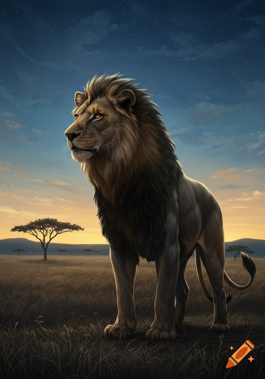 A majestic lion stands tall in a vast African savanna under a starry night sky with a sunset glow on the horizon.