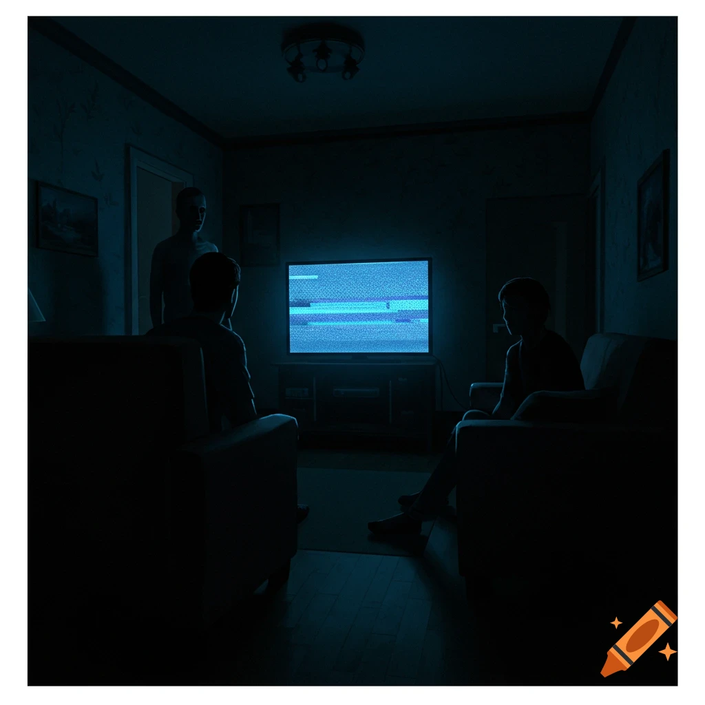 Unsettling image of three figures in a dark room watching a static TV, one standing behind a seated person.