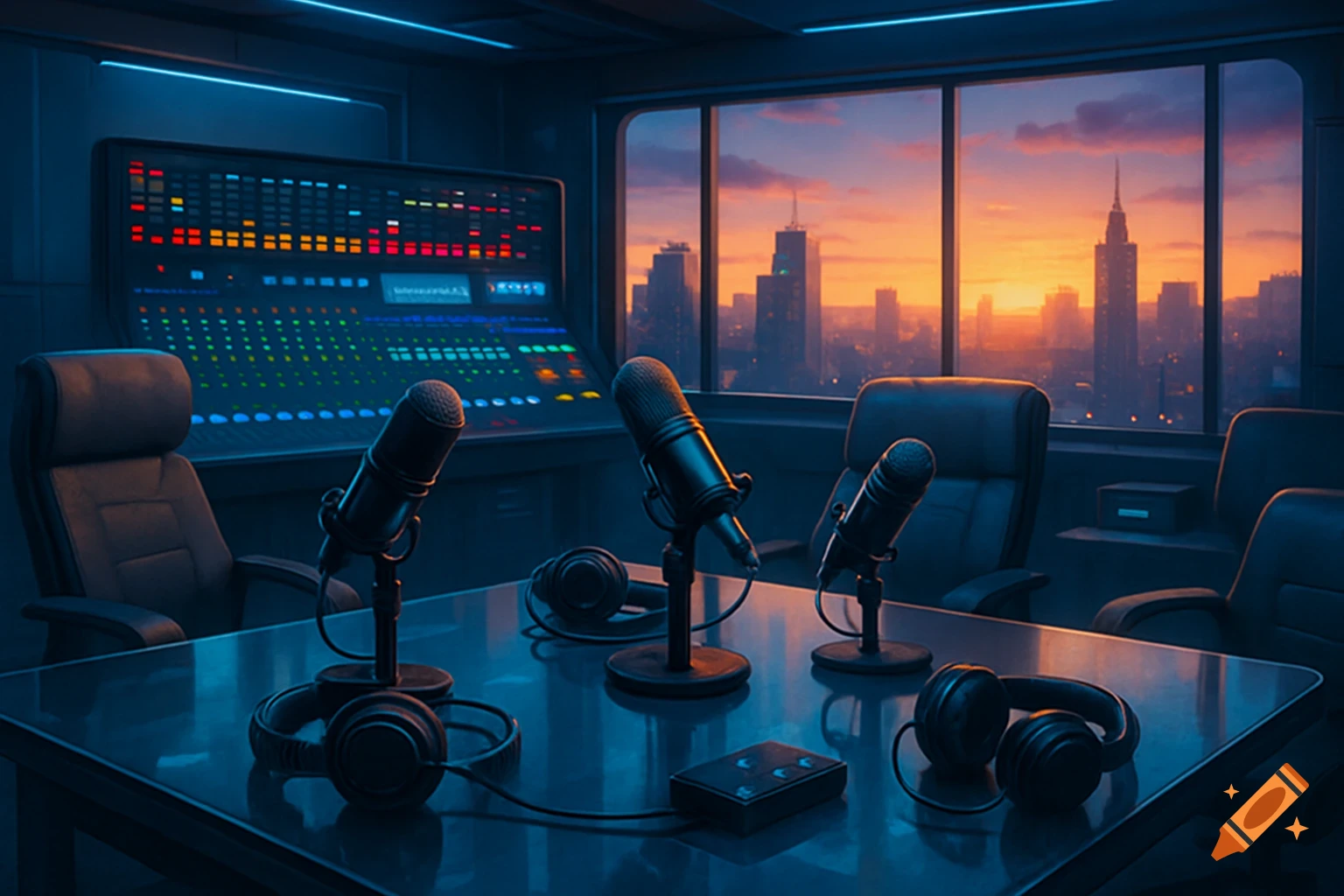 A modern podcast studio with microphones, headphones, and a sound mixer, overlooking a city skyline at sunset.