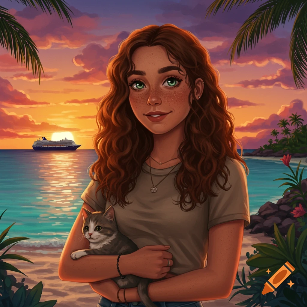 Illustrated portrait of a smiling woman with green eyes and freckles, holding a tabby cat on a tropical beach at sunset with a cruise ship in the background.