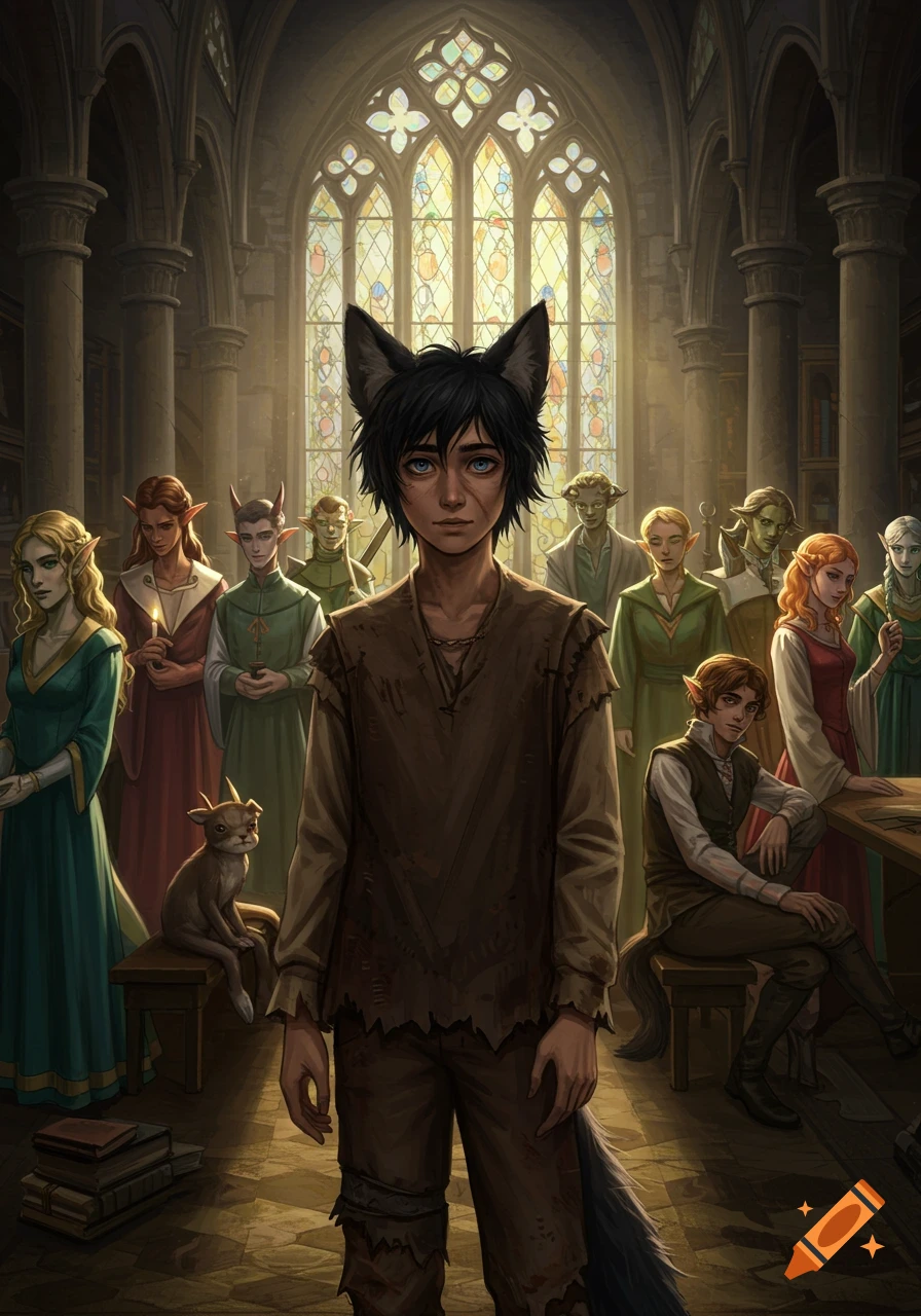 A wolf-eared young man in tattered clothes stands in a medieval fantasy hall with a stained-glass window, surrounded by elves and other magical beings.