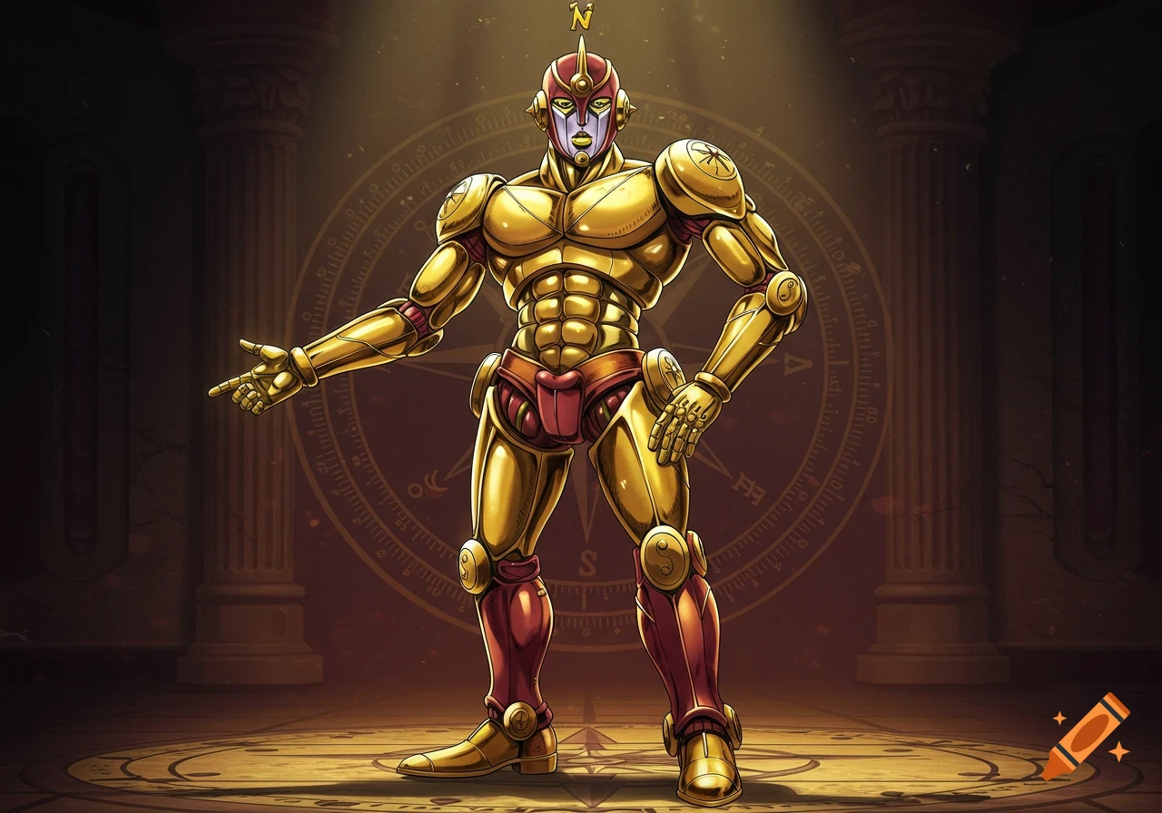 A gold and maroon humanoid robot-like figure with a helmet and compass design, standing and pointing, against a background with Roman columns and a large compass rose.