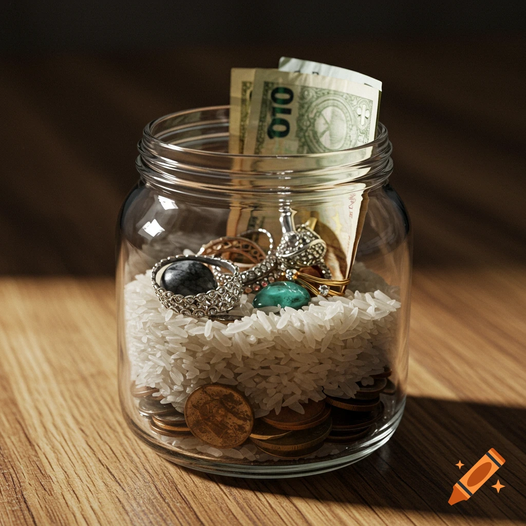 A clear glass jar filled with white rice, various coins, banknotes, and sparkling jewelry pieces on a wooden table.