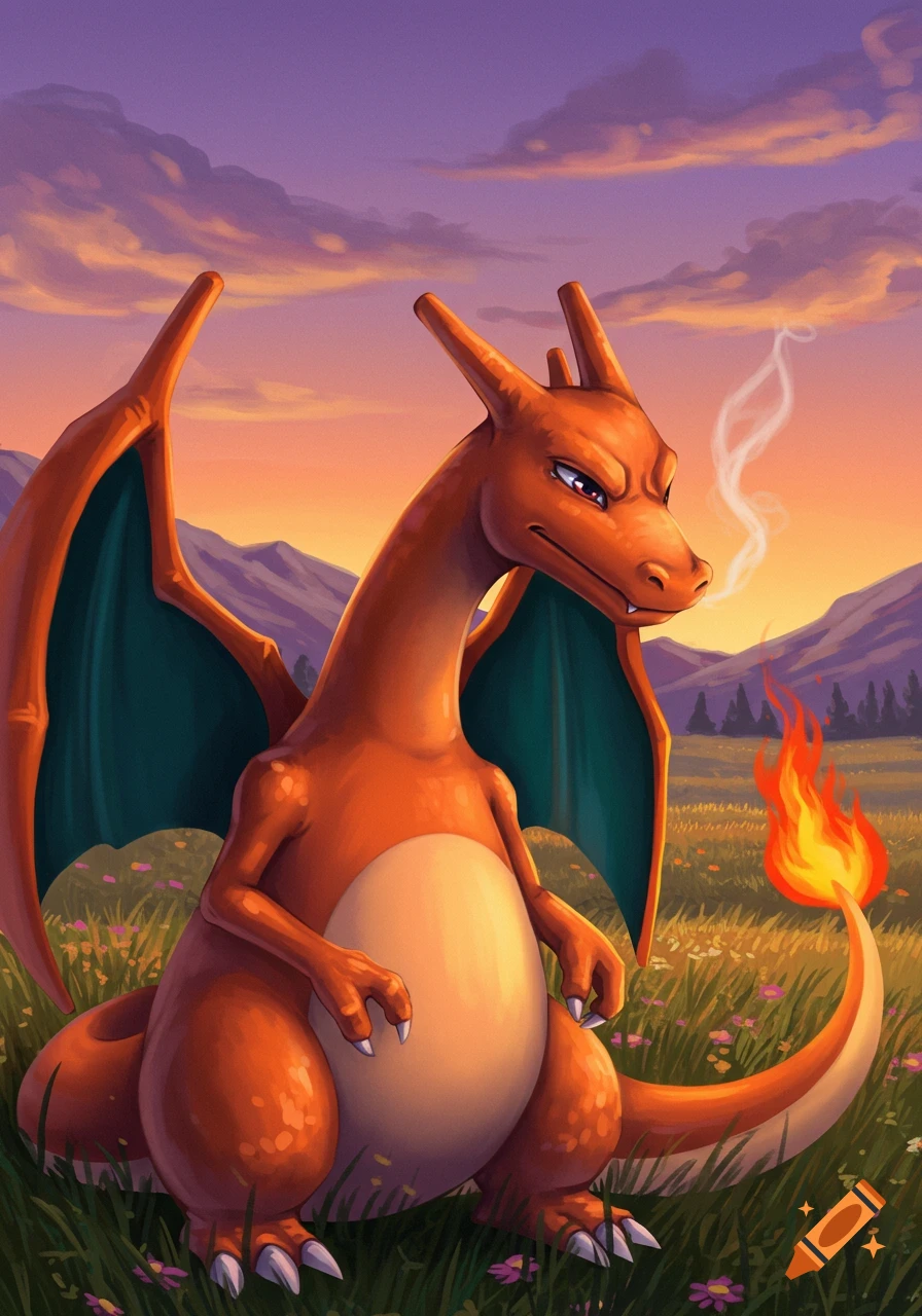 An orange Charizard with teal wings sits in a grassy field at sunset, with smoke coming from its nose and fire on its tail.
