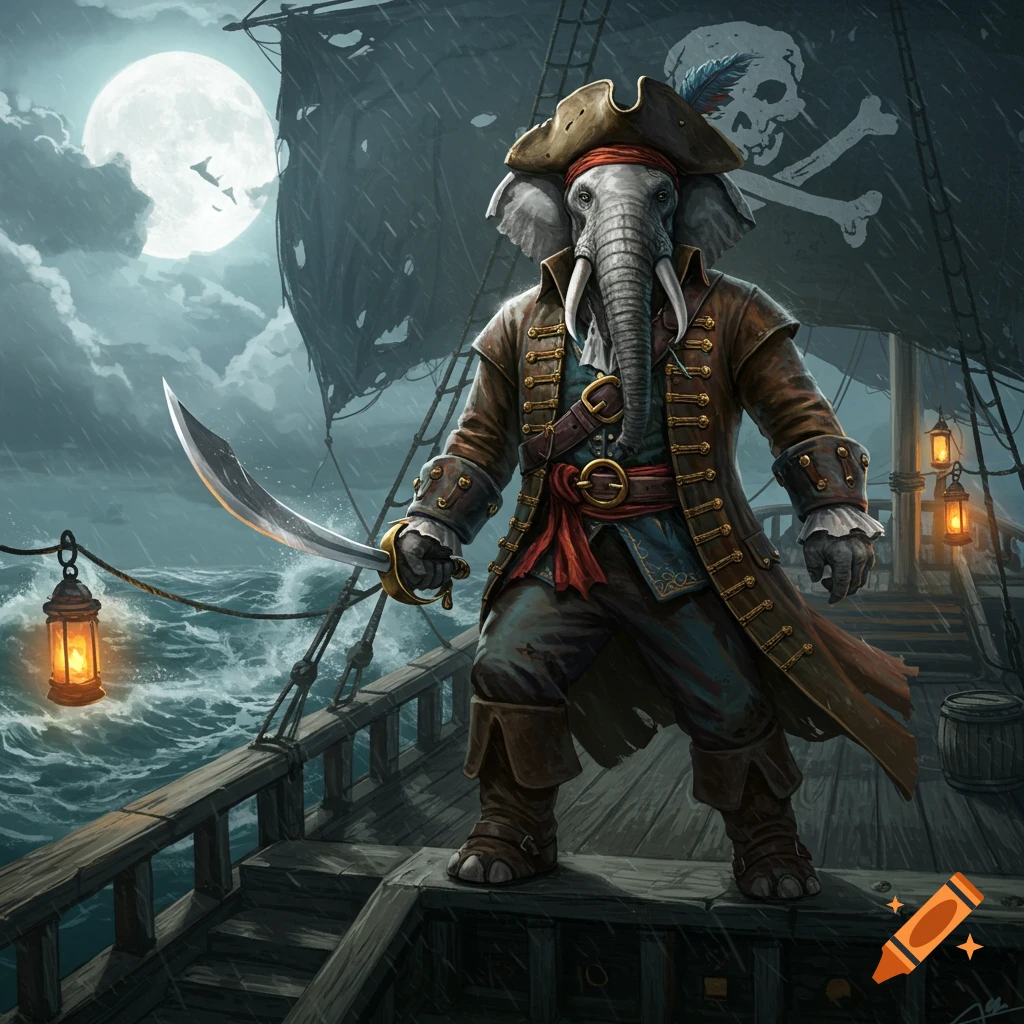An anthropomorphic elephant pirate in a coat and hat stands on a stormy ship deck, holding a cutlass under a full moon.